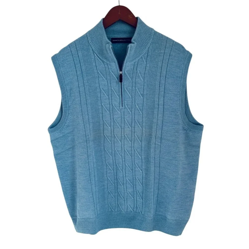 Carnoustie Blue Cable Knit Merino Wool Sleeveless Quarter-Zip Sweater Vest XL